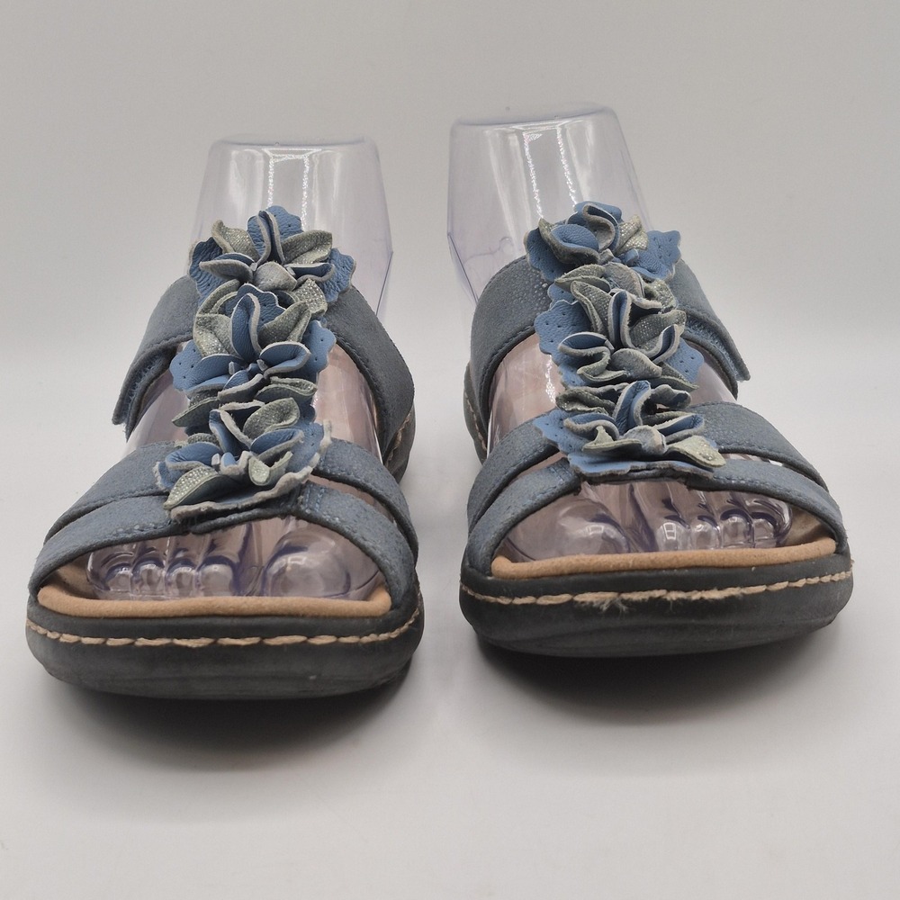 Clarks Collection Sandals Womens Size 7 Blue Suede Slide Flower Wedge Comfort - Picture 6 of 12